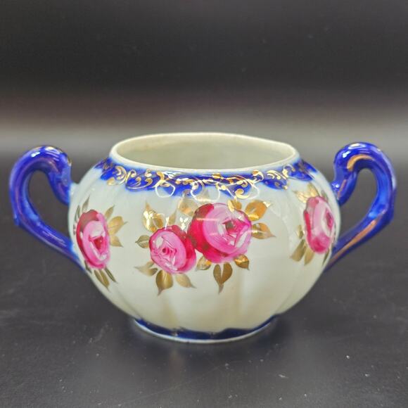 Vintage Porcelain Rose Creamer Sugar Set Blue Gold Gilt Accents - Picture 7 of 10